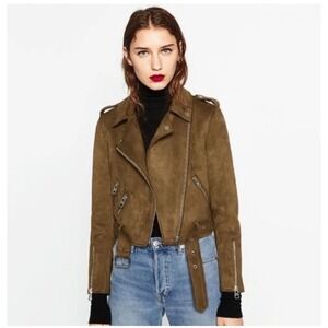 ZARA Brown Khaki Cropped Suede Effect Moto Jacket Sz XS Aviator Biker Boho